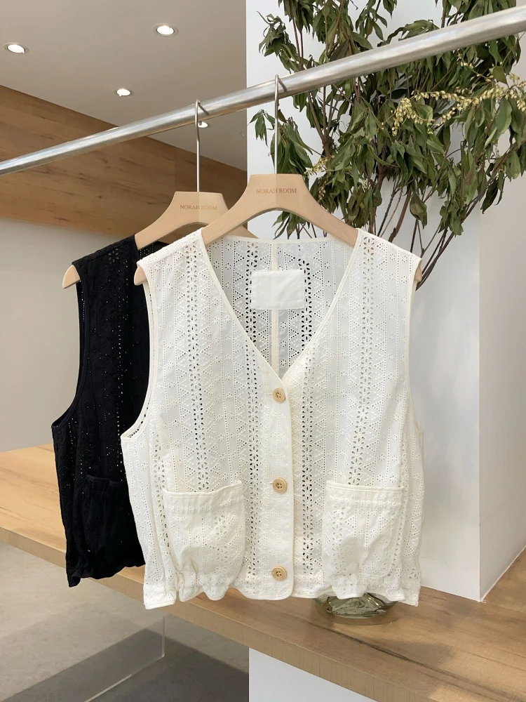 

Authentic "Gai" No Xiao La Spring 2025 New Sle Embroidered Single Button Vest Versatile Sweet Sle Cotton Blend V Ne