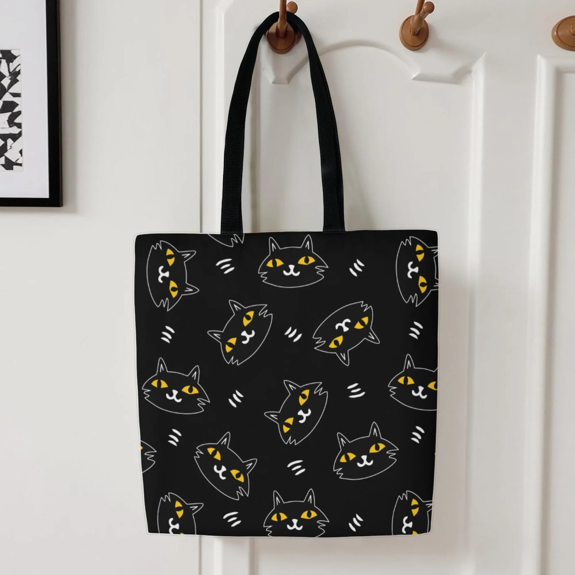 Women's Minimalist Black Cat Canvas Tote Bag Yellow-Eyed Kitten Graffiti Shoulder Bag for Daily Use Lightweight Durable Handbag
