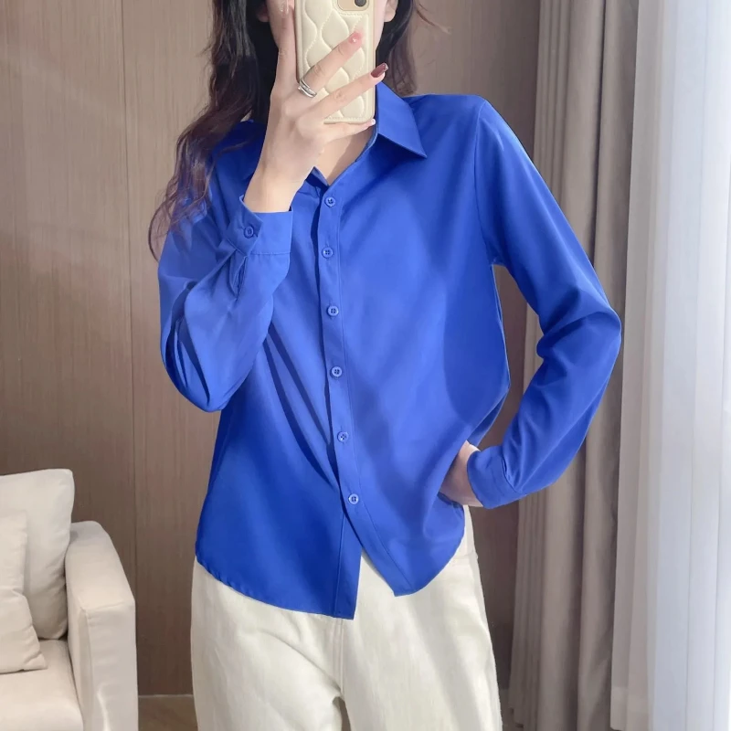 Blusa informal de manga larga para mujer, Camisa ajustada de Color liso con cuello tipo Polo y botones, estilo minimalista, novedad de primavera y otoño, 2024