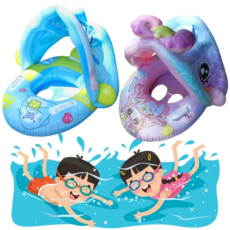 Cartoon Inflatable Toys Float Seat with Animal Printed Detachable Dual-purpose Shade Baby Water Toys Pool Bathroom Swimming Ring
