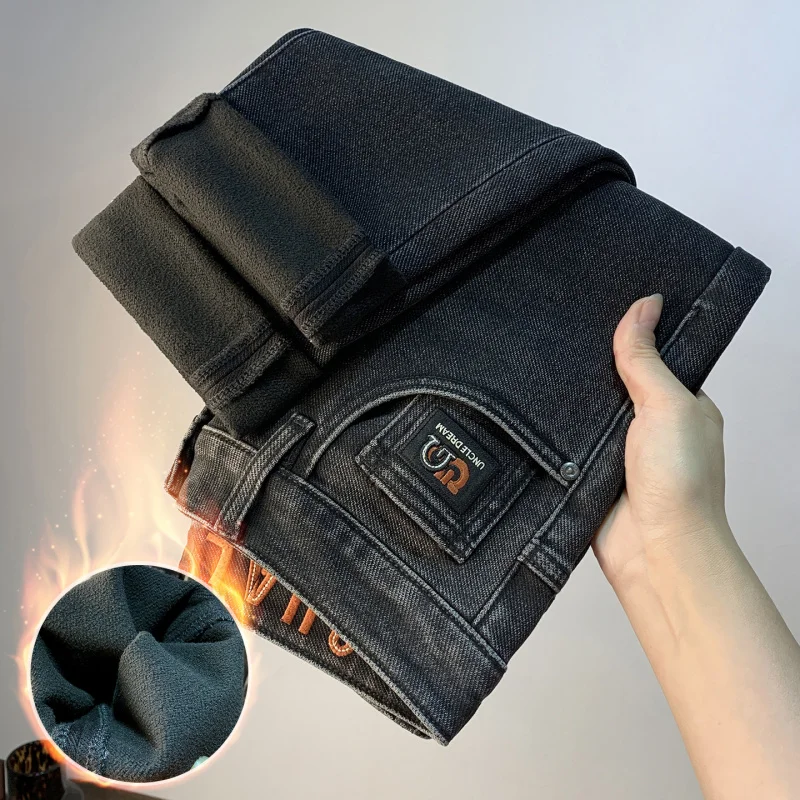 Men's Winter New Arrival Thicken Warm Distressed Slim Fit Small Wide Leg Black Light Luxury Pants
