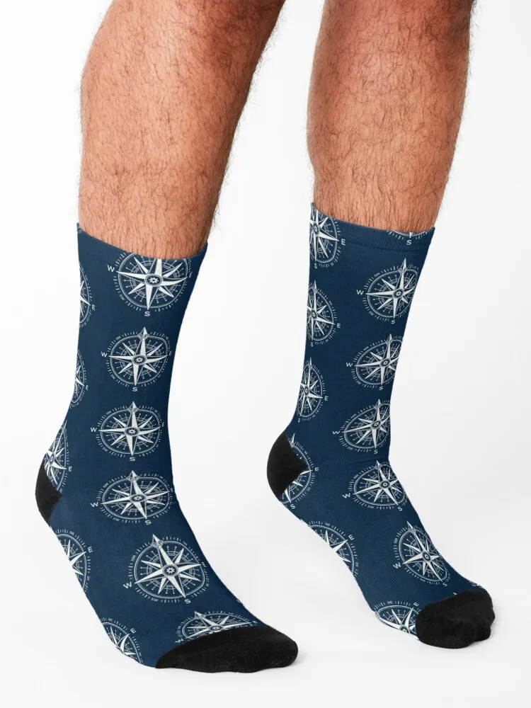 Ornate vintage nautical compass ~ Silver on navy blue Socks Men's shoes valentine gift ideas gift Male Socks Women's