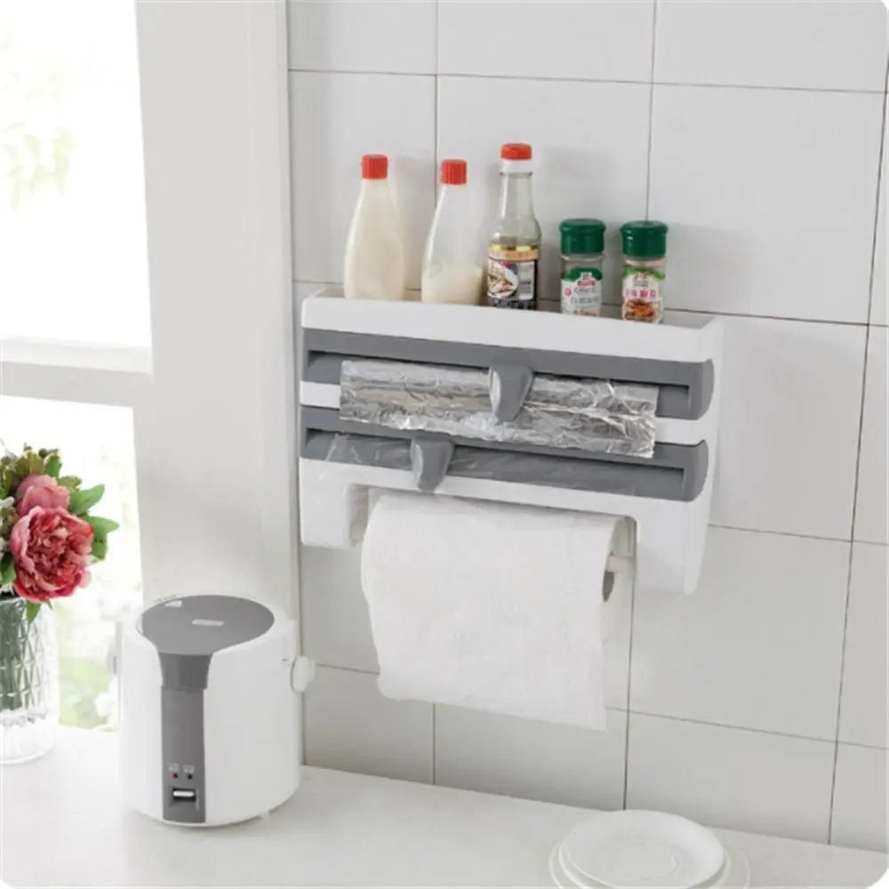 

Simple Wall-Mount Punch-free Tin Foil Paper Storage Rack Sauce Bottle Rack Paper Towel Holder Cling Film Cutting Holder