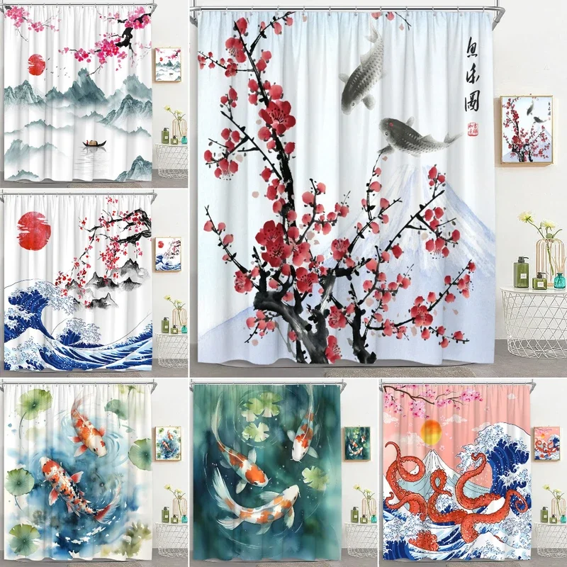 Japanese Scenery Shower Curtain Koi Cherry Blossom Mount Fuji Sea Waves Asian Ink Painting Polyester Bathroom Decor Curtains Set