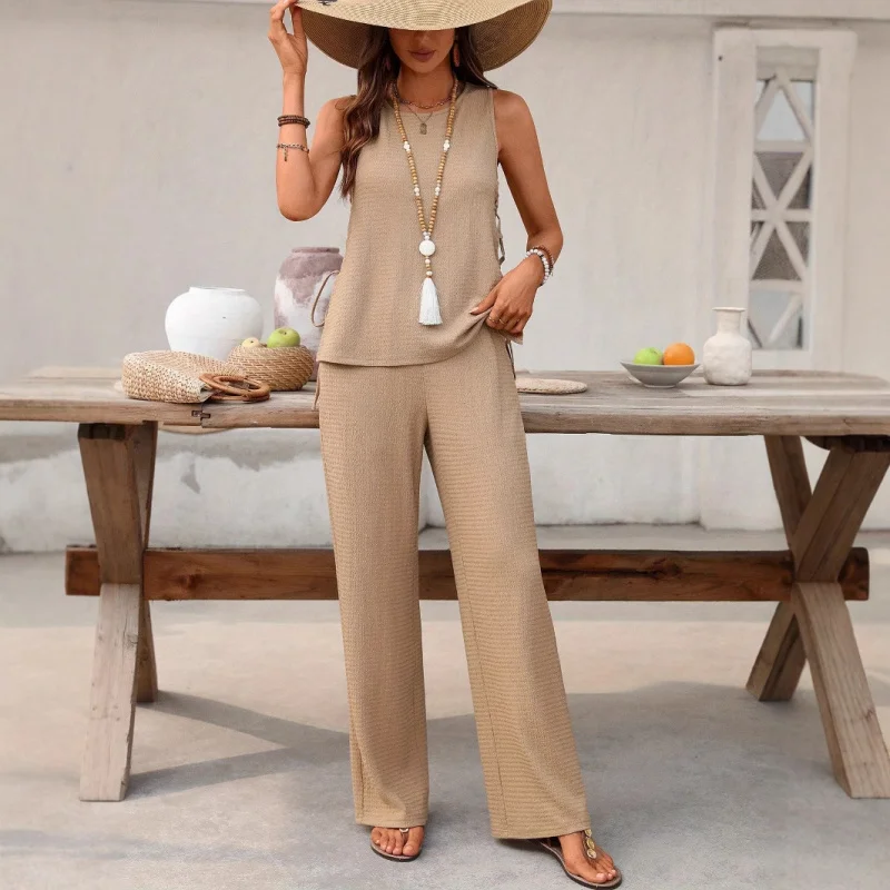 

Women'S Drawstring Tied Bow Vest Top With Textured Elastic High Waisted Pants Casual Suit