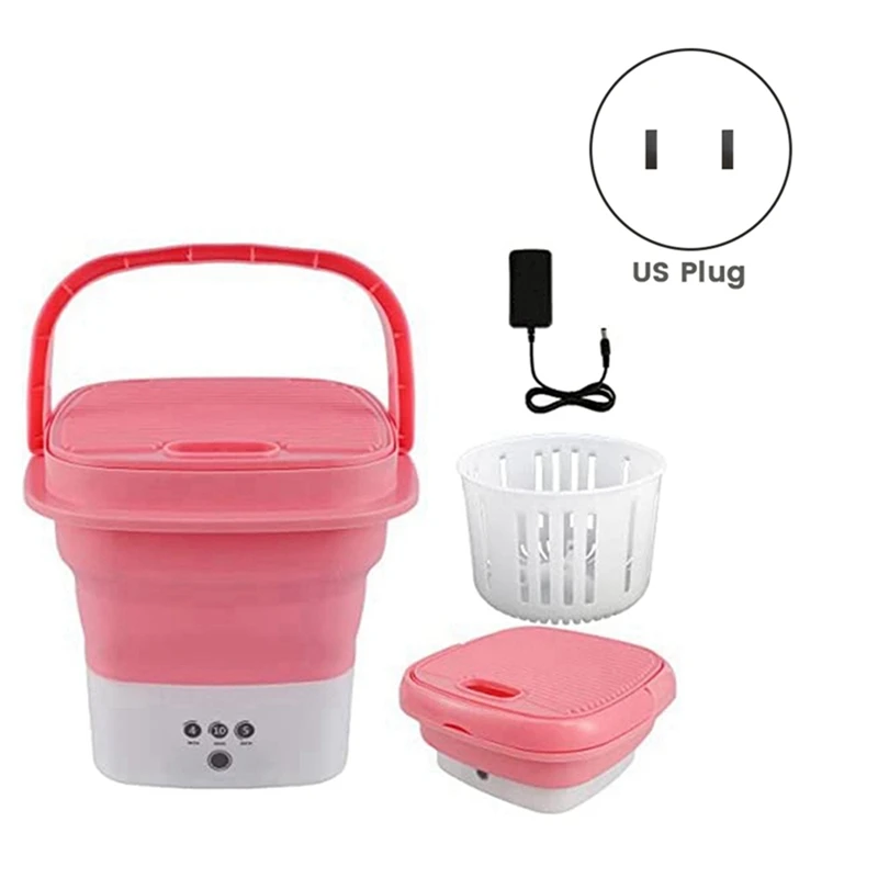 Pink Portable Travel Washing Machine, Mini Folding Washing Machine Combo With Small Collapsible Drain Basket