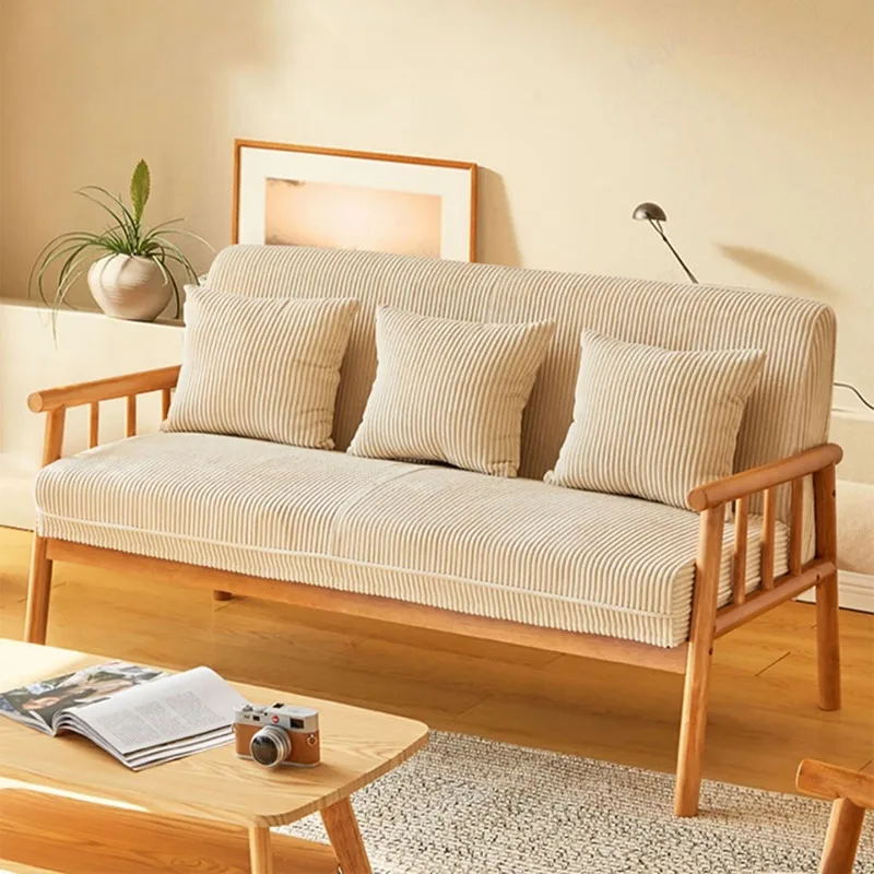 Japanese-style log wind double sofa, solid wood small apartment fabric living room bedroom apartment simple modern removable