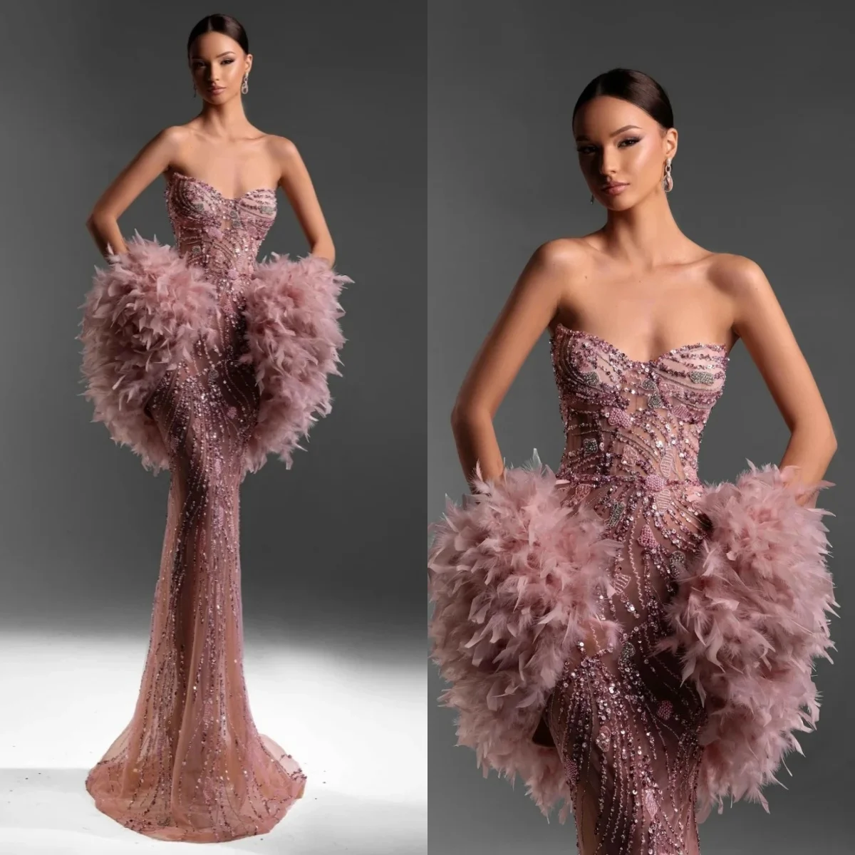 

Vintage Sweetheart Beaded Evening Dresses Sexy Sleeveless Crystal Mermaid Prom Dress Customized Floor Length Feather Party Gown