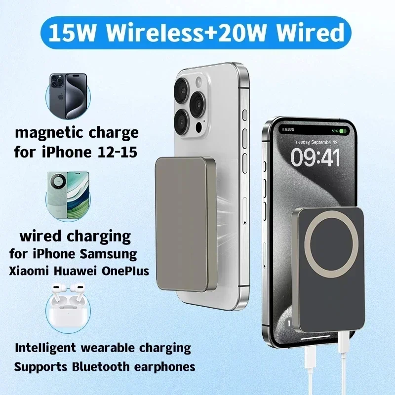 2025 Thin PD20W Fast Charge 10000mAh Metal Magnetic Wireless Power Bank for iPhone 15 Samsung S23 Portable Auxiliary Battery