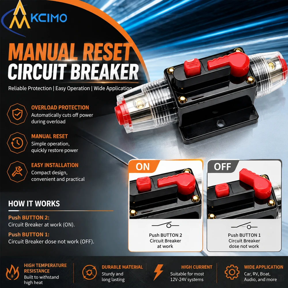 Kcimo 1Pc 12V-24V DC Manual Reset Circuit Breaker 20A-150A Resettable Fuse for Car Bike Solar Inverter - Selectable Amperage