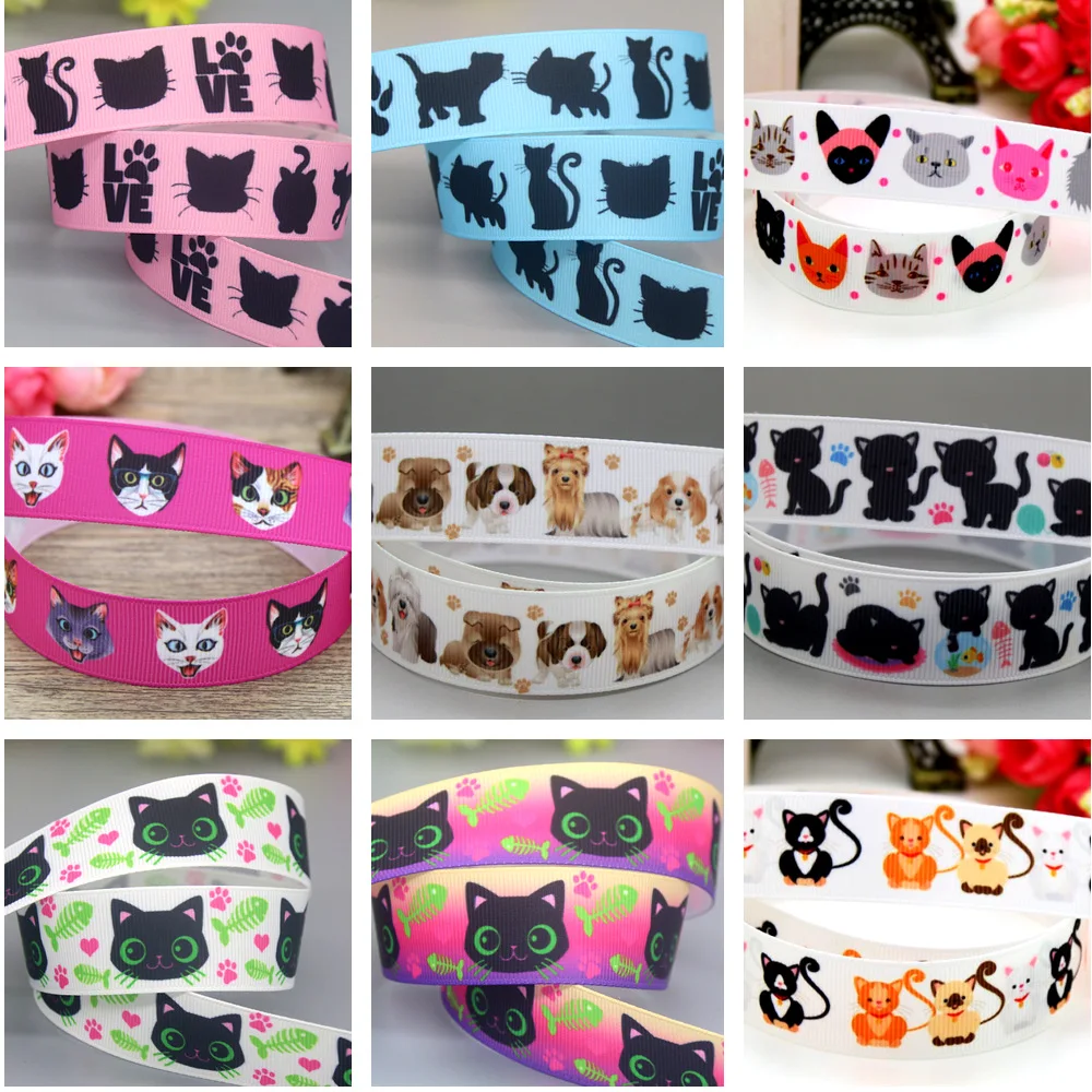 DHK 22mm 10yards Cute Cat Paw Printed Grosgrain Ribbon Accessories Headwear Decoration Collar DIY Sewing Craft B2391