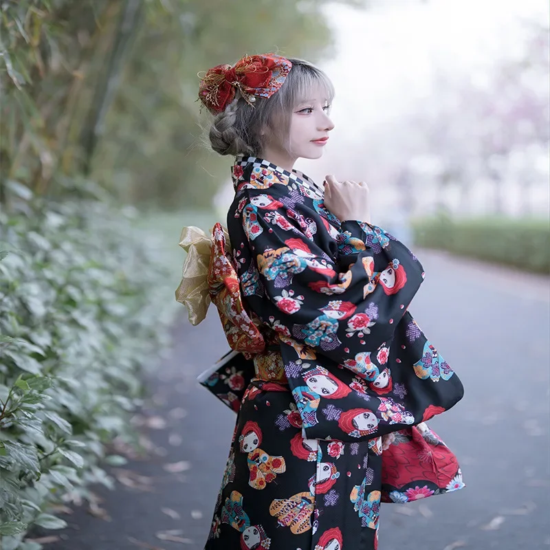 Black Color Cute Prints Women's Yukata Japanese Style Modified Kimono Cos Costume Photography Dress