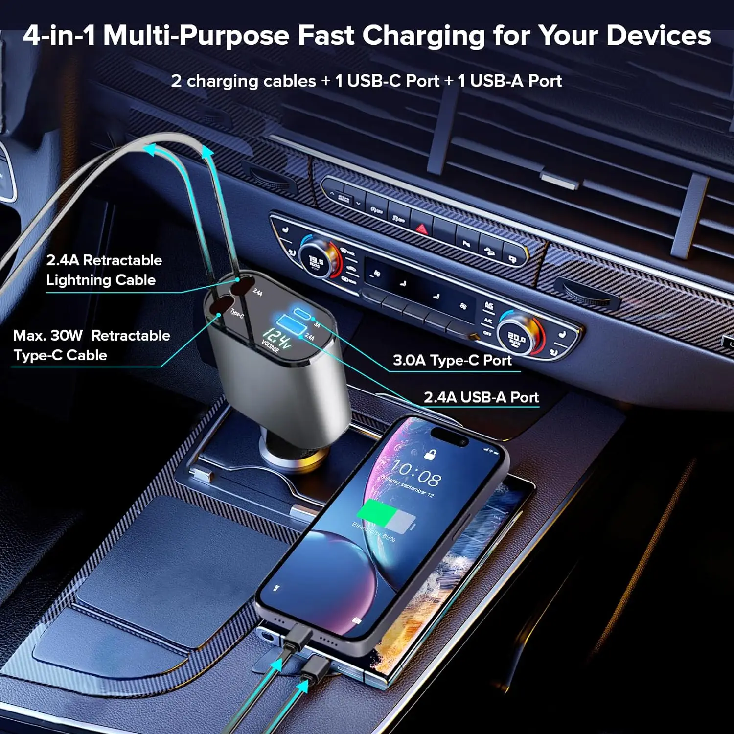 

Gopala Retractable Car Charger 120W Fast Charger USB C Retractable Cables and 2 Charging Ports with iPhone 15/14/13/12 Pro Max