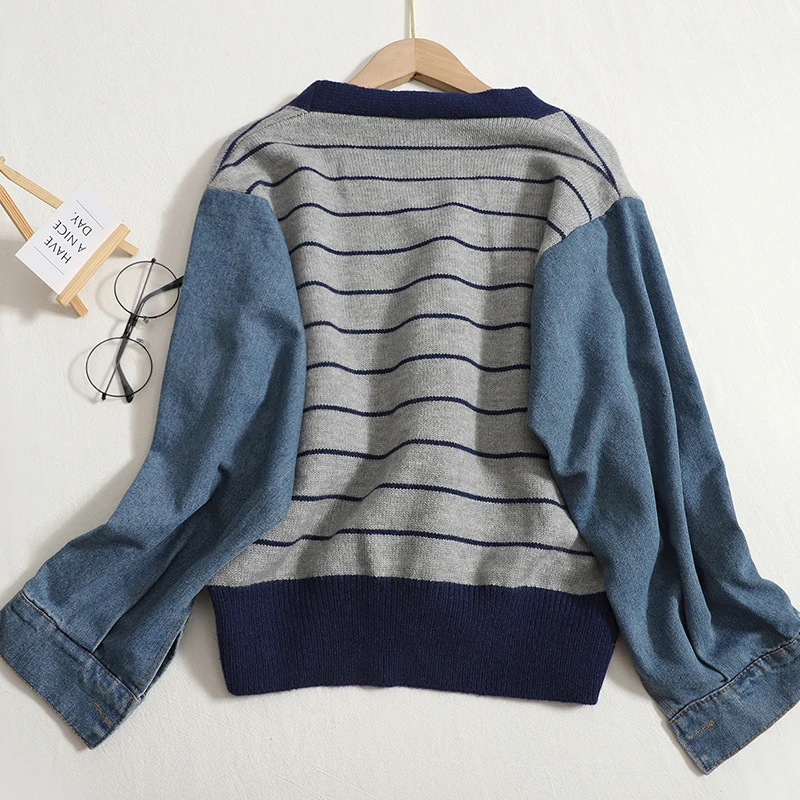 Stripe Splice Denim Sweater Cardigan Women's 2023 Spring Autumn New V-Neck Single Breasted Color Contrast Fashion Jacket Top