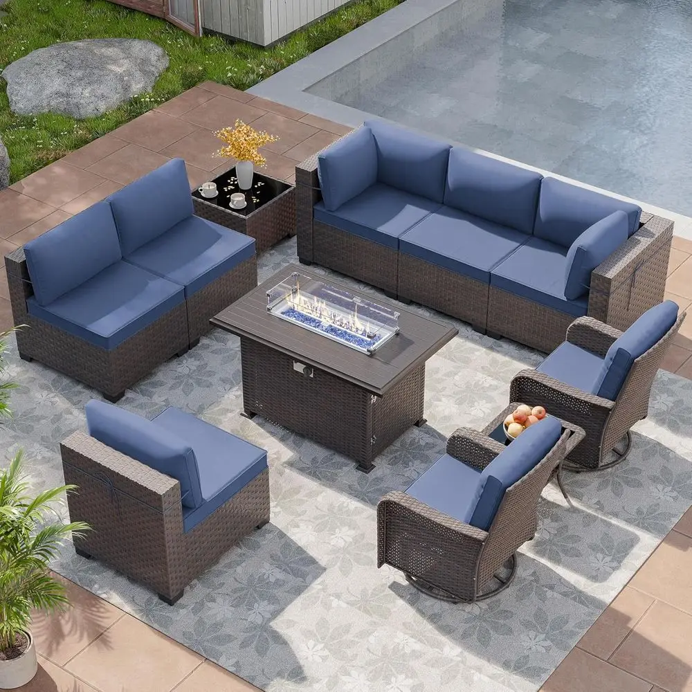 

Patio urniture Set with ire Pit Table 11 Pieces Wide PE Rattan Patio Contion Set,Swivel Chair Soa Set Outdoor Sectional urniture