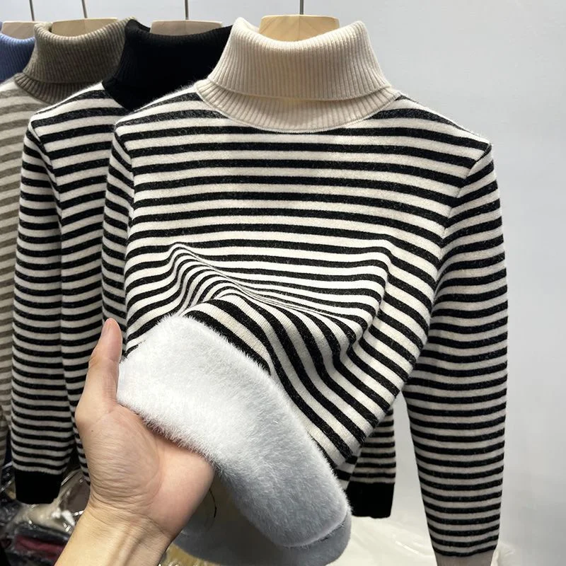 

New Autumn Winter Fashion Striped Jump Half-High Collar Sweater Women Thicken Add Velvet Warm Knitted Pullover Female Knitwear