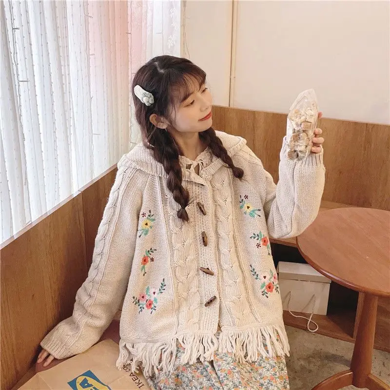 

Mori Girl Style Vintage Flower Embroidery Hooded Knitted Cardigan Women Sweet Tassels Sweater Coat Casual Loose Knitwear Tops