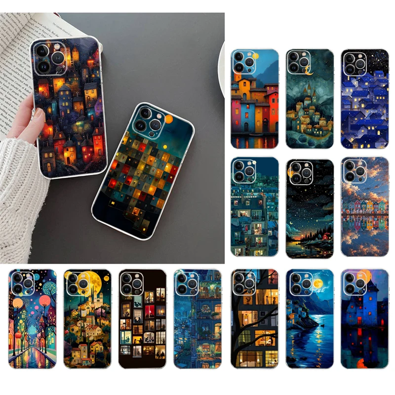 

Phone Case Carcasa Funda For iPhone 17 Pro Max Air 16 15 14 13 Pro Max 15 16 Pro 15Plus House Night Light Moon Scenery Case