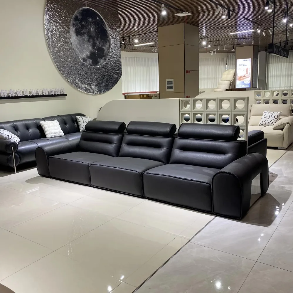 Minimalist, leather sofa light luxury living room high backrest big bison size flat layer first layer cowhide furniture