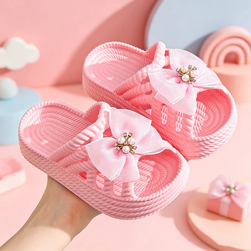Süße Prinzessinnen-Sandalen für Mädchen mit Spitze und Perlen-Schleife, Gewebte Ausgehöhlte Dicke Plattform Rutschfeste Sommer-Pantoffeln – Detail 4