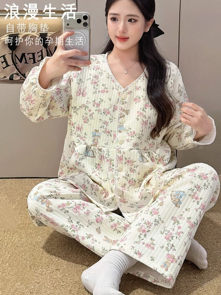 Winter Postpartum Woman Breastfeeding Pajamas Sweet Print Maternity Nursing Shirts Long Trousers Set Air Cotton Thick Sleepwear