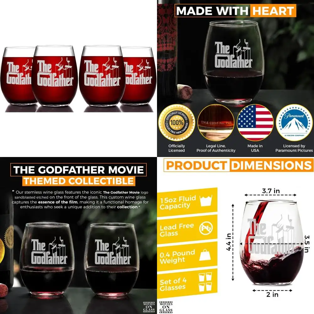 

The Godfather Etched Stemless Wine Glass - Officially Licensed, Premium Quality, Handcrafted Glassware, 15oz. Set of 4 - Perfect