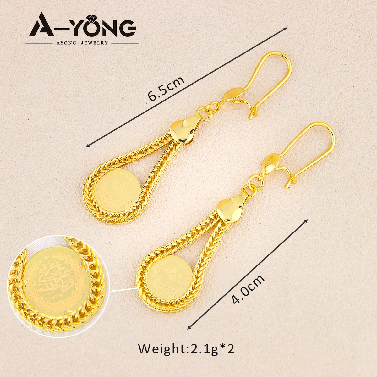 AYONG Arab Lira Coin Hook Drop Earrings 18k Gold Plated Dubai African Copper Dangle Earring for Women Bridal Jewelry Gifts