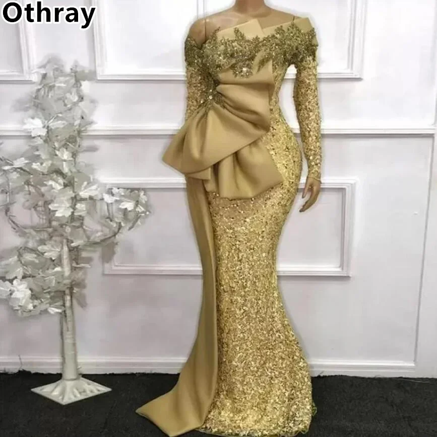 

Othray Gold Aso Ebi Evening Dresses Lace Applique Off The Shoulder Long Sleeves Mermaid Women Formal Wedding Guest Prom Gowns