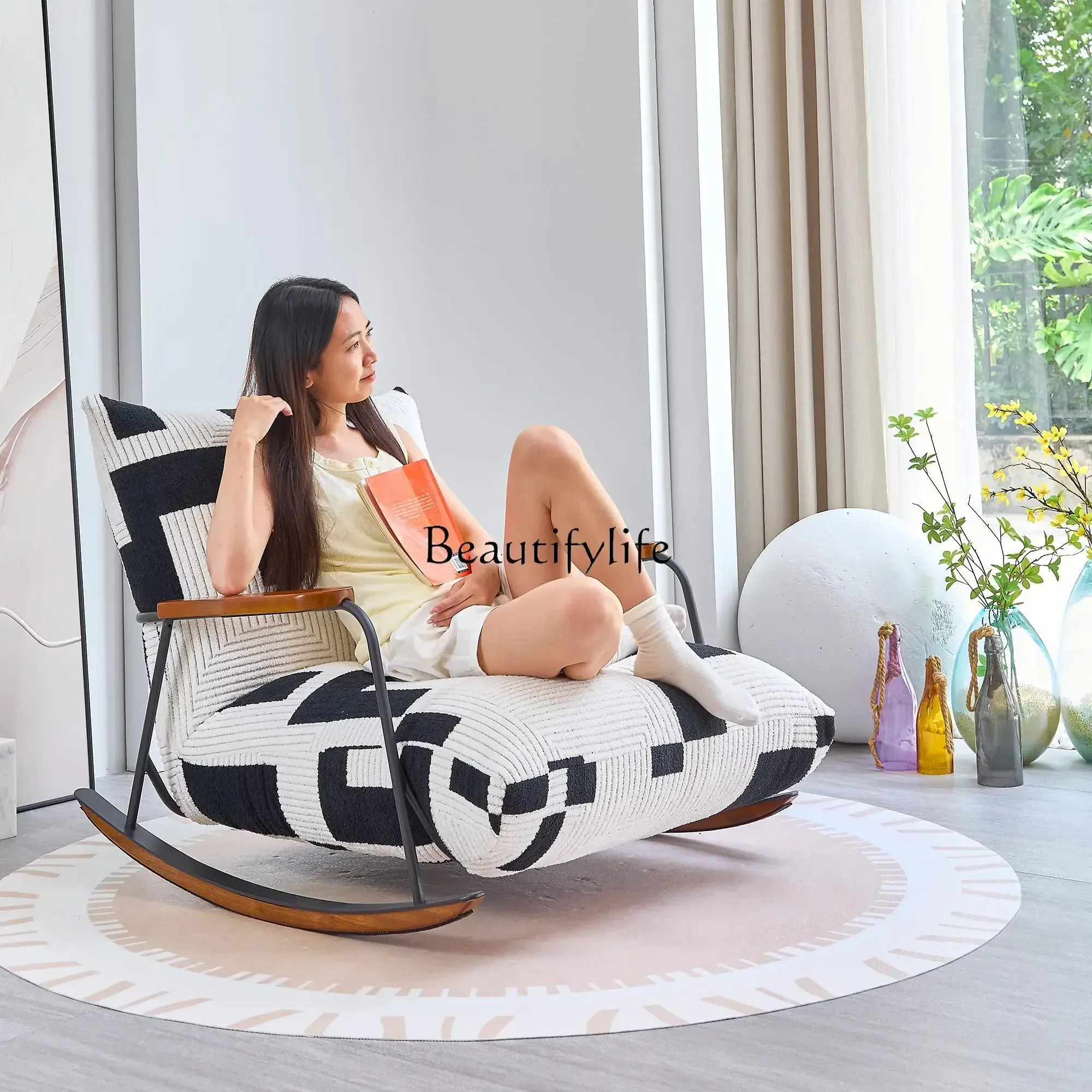 

*Single rocking chair solid wood armrest cotton and linen fabric living room balcony leisure chair