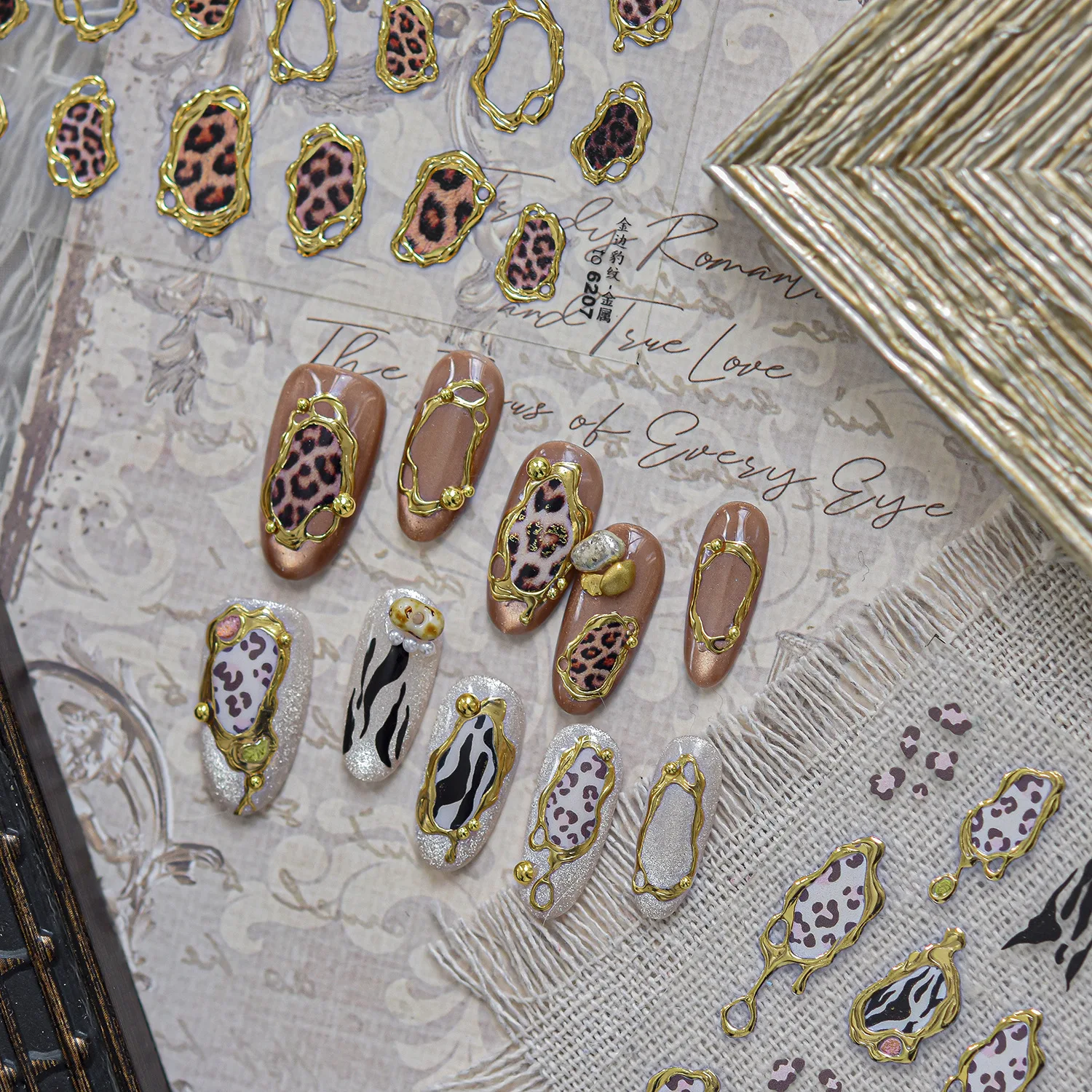 Wild Leopard Zebra Nail Stickers Irregular Metal Special Shape Frame Retro Leopard Dots 5D Self Adhesive Nail Decals Manicure