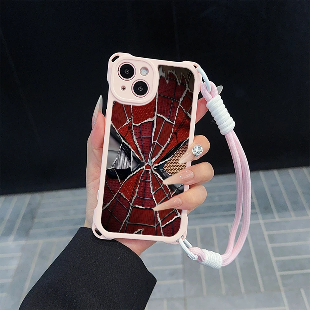 for iPhone 16 15 14 13 12 11 Pro Max Soft Phone Case Four corners anti-drop With Lanyard Rope SS91 Spider-Man design Art