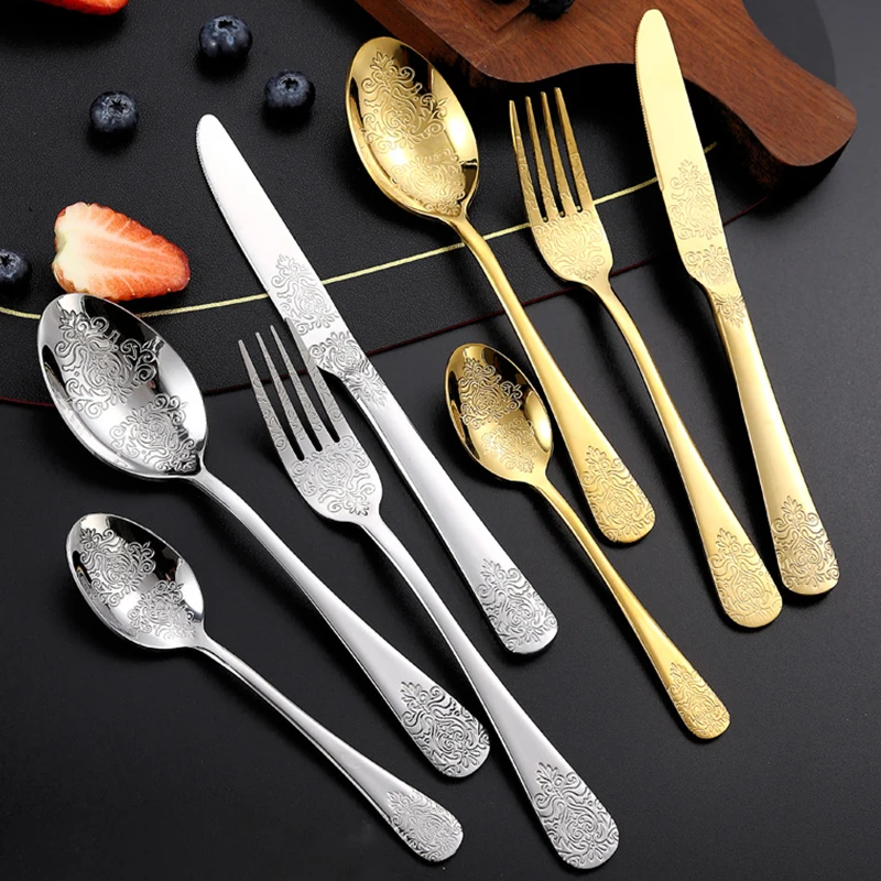 Gold Luxury Cutlery Sets Fork Spoons Knife Silverware Kit Vintage Carved Tableware Set European Dinnerware For Home Kitchen