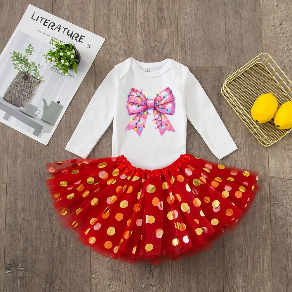 Christmas Vibes Bow Printed Baby Girls Bodysuit Tutu Set Christmas Party Girl Long Sleeve Romper Dress Infant Skirt Outfit 2 Pcs