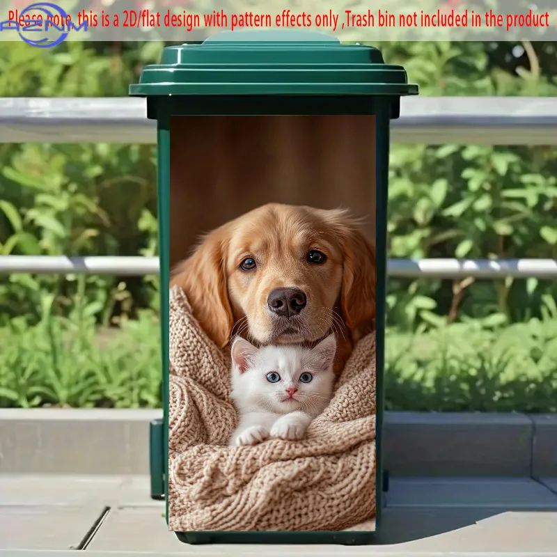 2D Flat, 1pc Self-Adhesive Trash Can Sticker - Golden Retriever & White Kitten Cozy Design, .01x81.99 cm PVC Decal for Dustbin