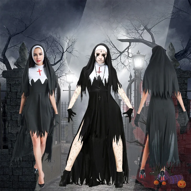 زي راهبة زومبي للهالوين للبالغين، زي مصاص دماء وشيطان، رداء كاهنة للنساء، زي صيني تقليدي للعروض المسرحية