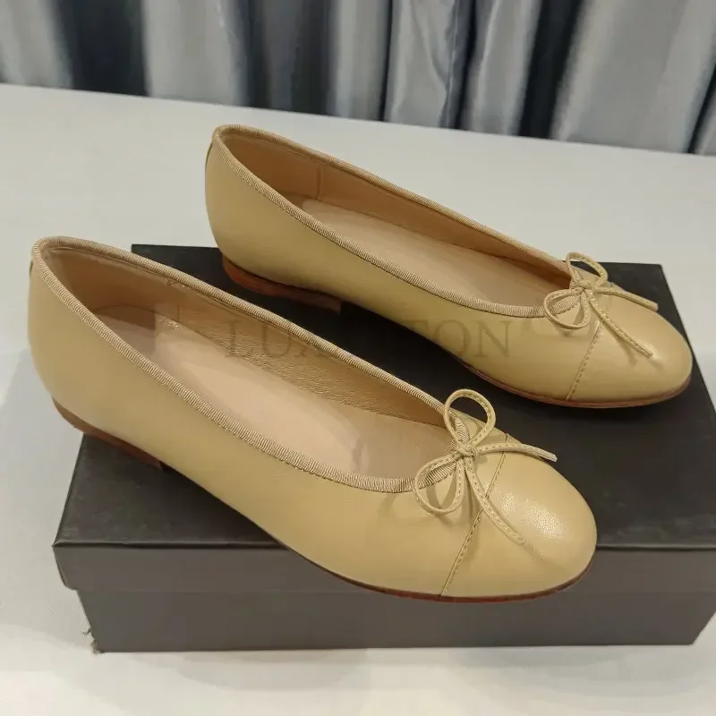 Designer Shoes Women Leather Bowknot Flats Single Fashion Lady Round Toe Light Loafers Ballet Zapados Mujer Size 34-42