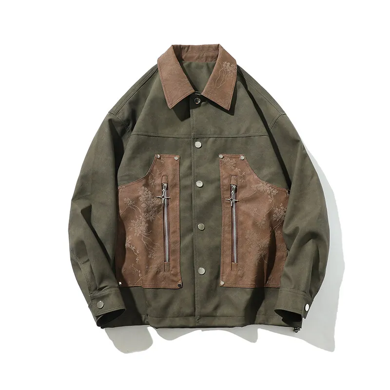 

Massgorule Men's spring autumn lapel jackets retro patchwork coats versatile printed leather jackets high quality work jackets