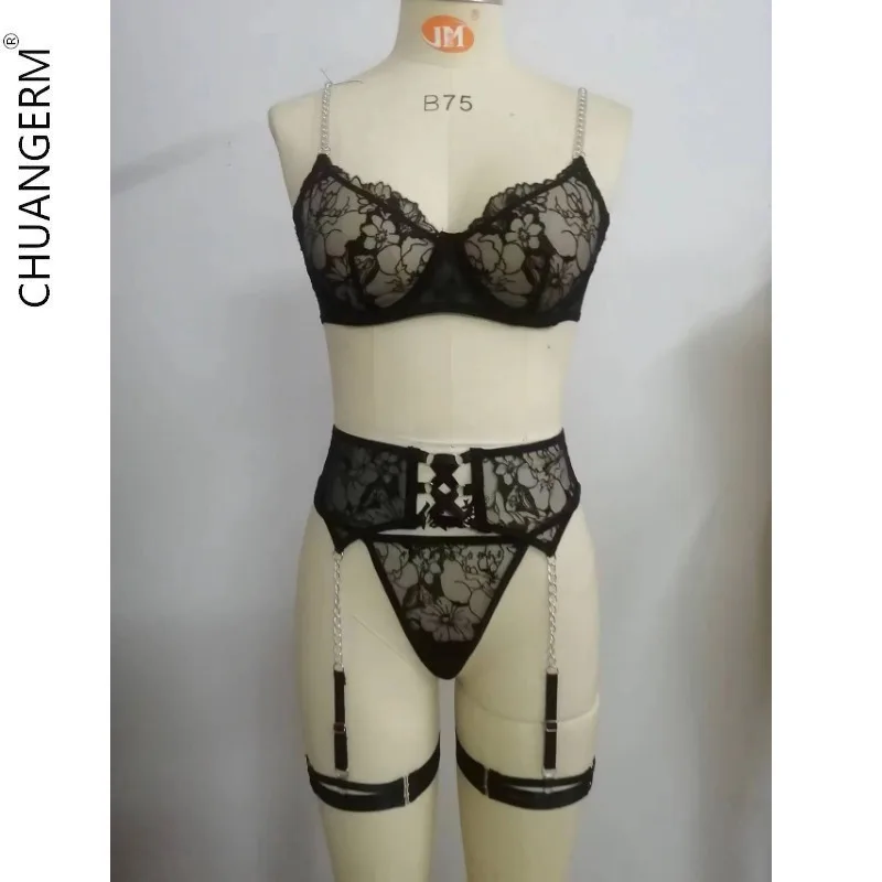 CHUANGERM Onlyfan Erotic Underwear Sensual Luxury Lingerie Lace Transparent Bra Exotic Sets Sexy Thong Woman Porn Fancy 4-Pieces