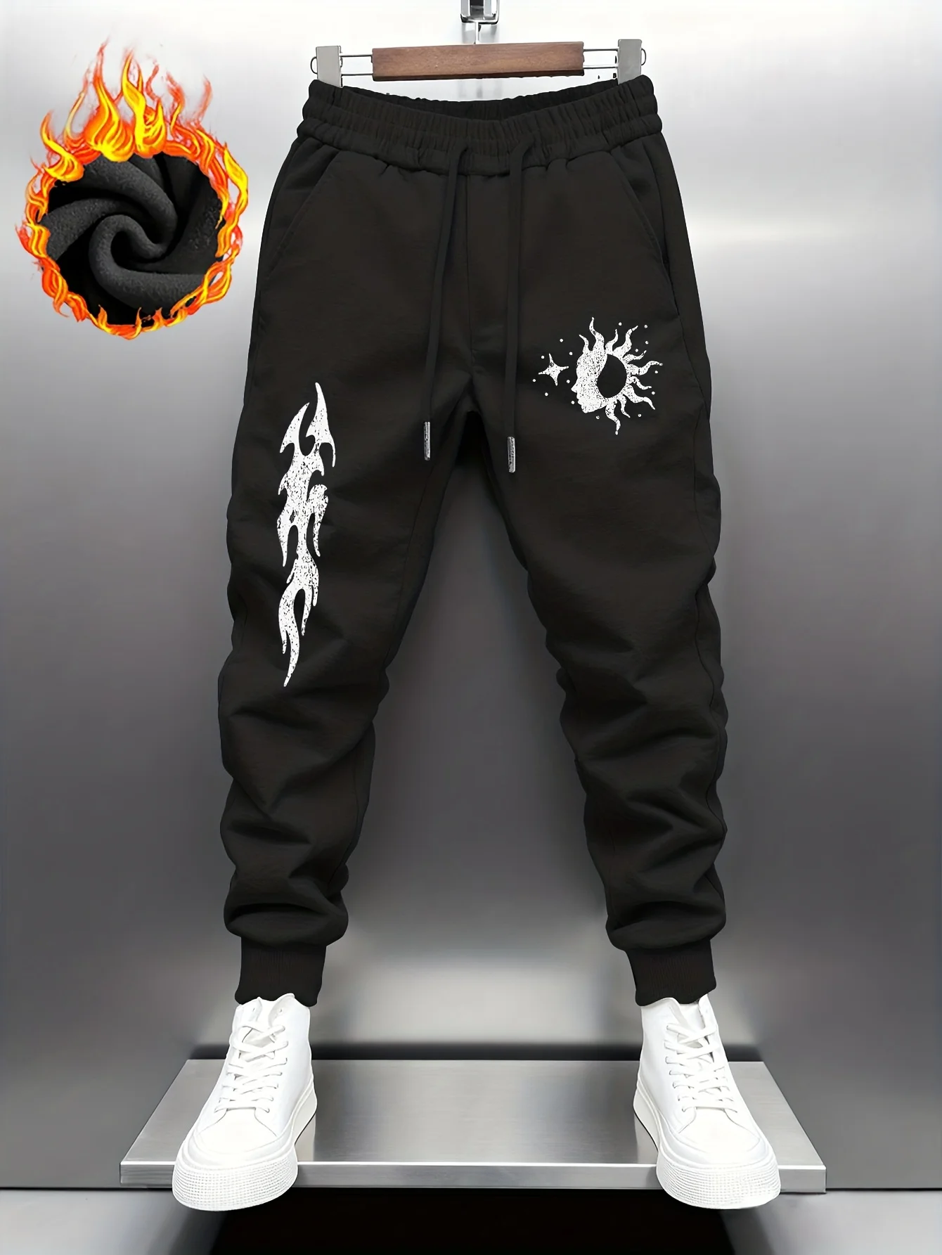 Cosmic‑vibe vintage flame sun moon sketch graphic street‑style dual‑side sweatpants men hip hop sports jogger trousers
