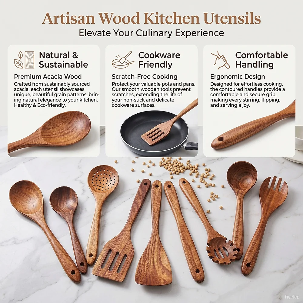 Imagen 5: Juego de 10 Utensilios de Cocina de Madera de Teca, Cucharas de Madera para Cocinar