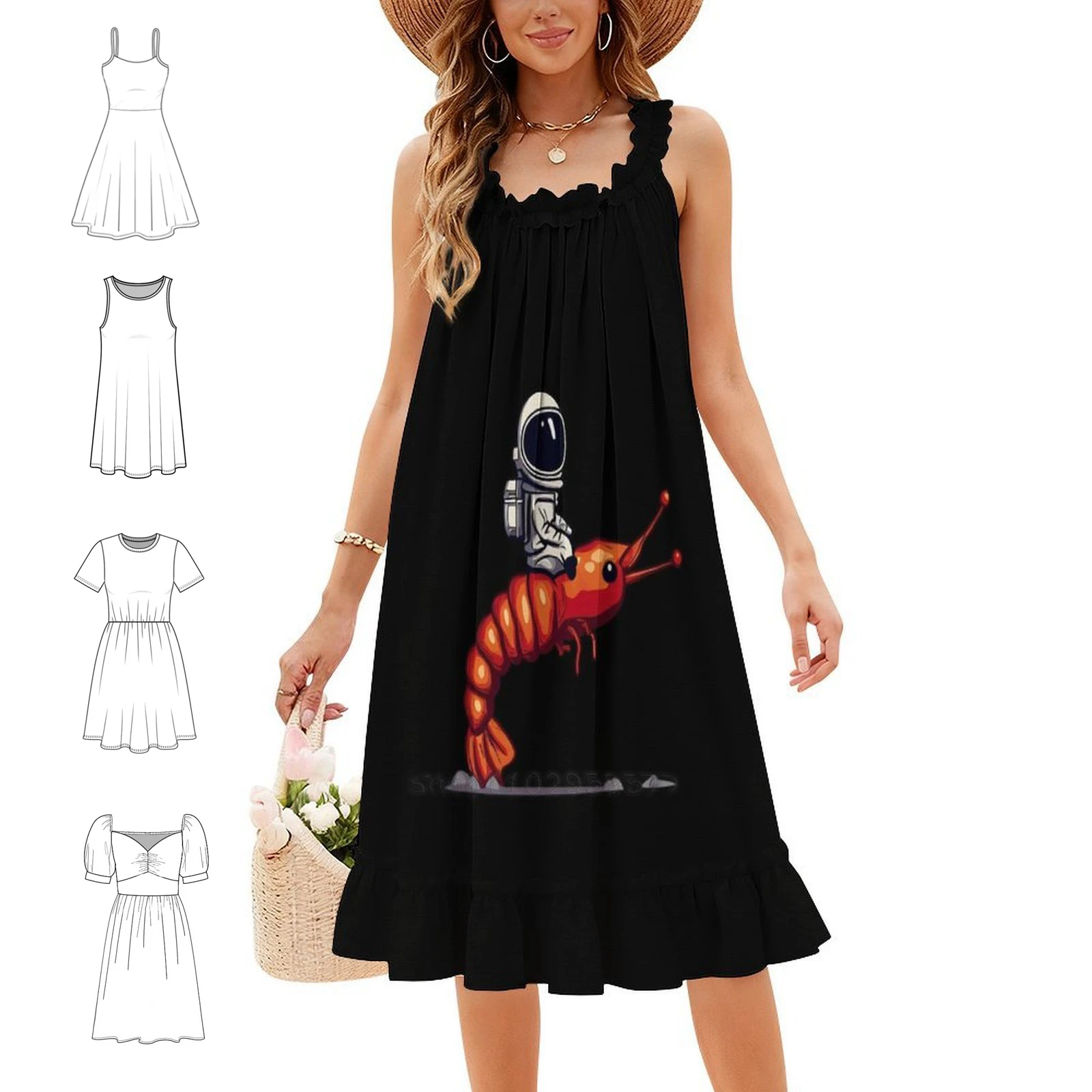Astronaut Rides Shrimp Floral Smock Dress For Women Spring Summer Casual Dress For Party Astronaut Shrimp Astronaut Rides