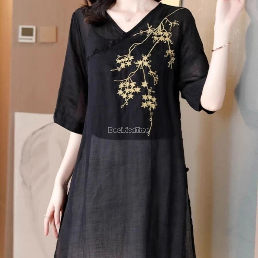 

2024 chinese style summer new vintage dress chic floral embroidery cotton linen dress sexy v-neck diagonal buckle split vestido