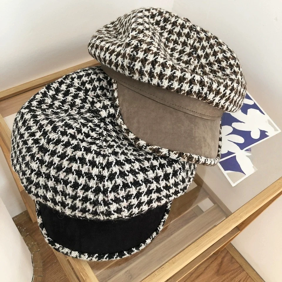Women's Autumn/Winter Retro Houndstooth Octagonal Hat: A Versatile, Artistic Newsboy Cap with Colour-Blocked Beret Design