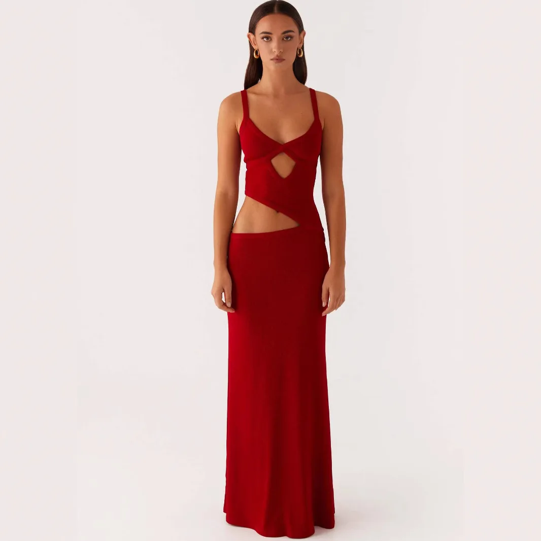 

Women Solid Splicing Sling Dress Sexy V Neck Sleeveless Off-shoulder Waist Cinching Slim Dresses Lady Evening Party Gowns Robes