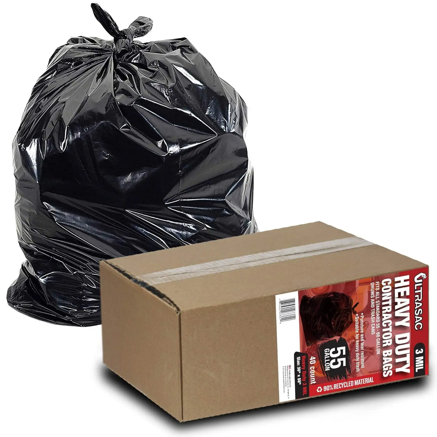 

Heavy Duty 55 Gallon Trash Bags, 40 Count, 3 MIL Thick, 38x58 Inches, Black Plastic Liners for Outdoor and Contractors