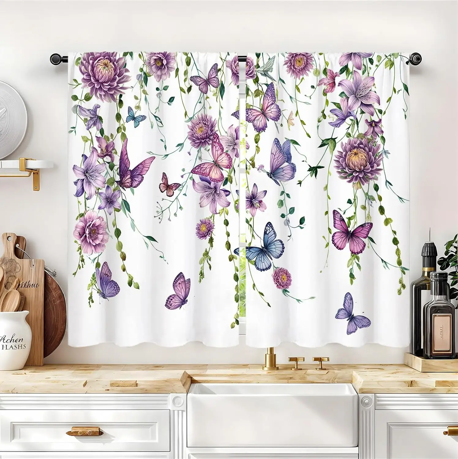 Purple Butterfly Kitchen Curtain 2 Panel Rod Pocket Lilac Floral Lavender Spring Floral Summer Farmhouse Simple Leaves Small