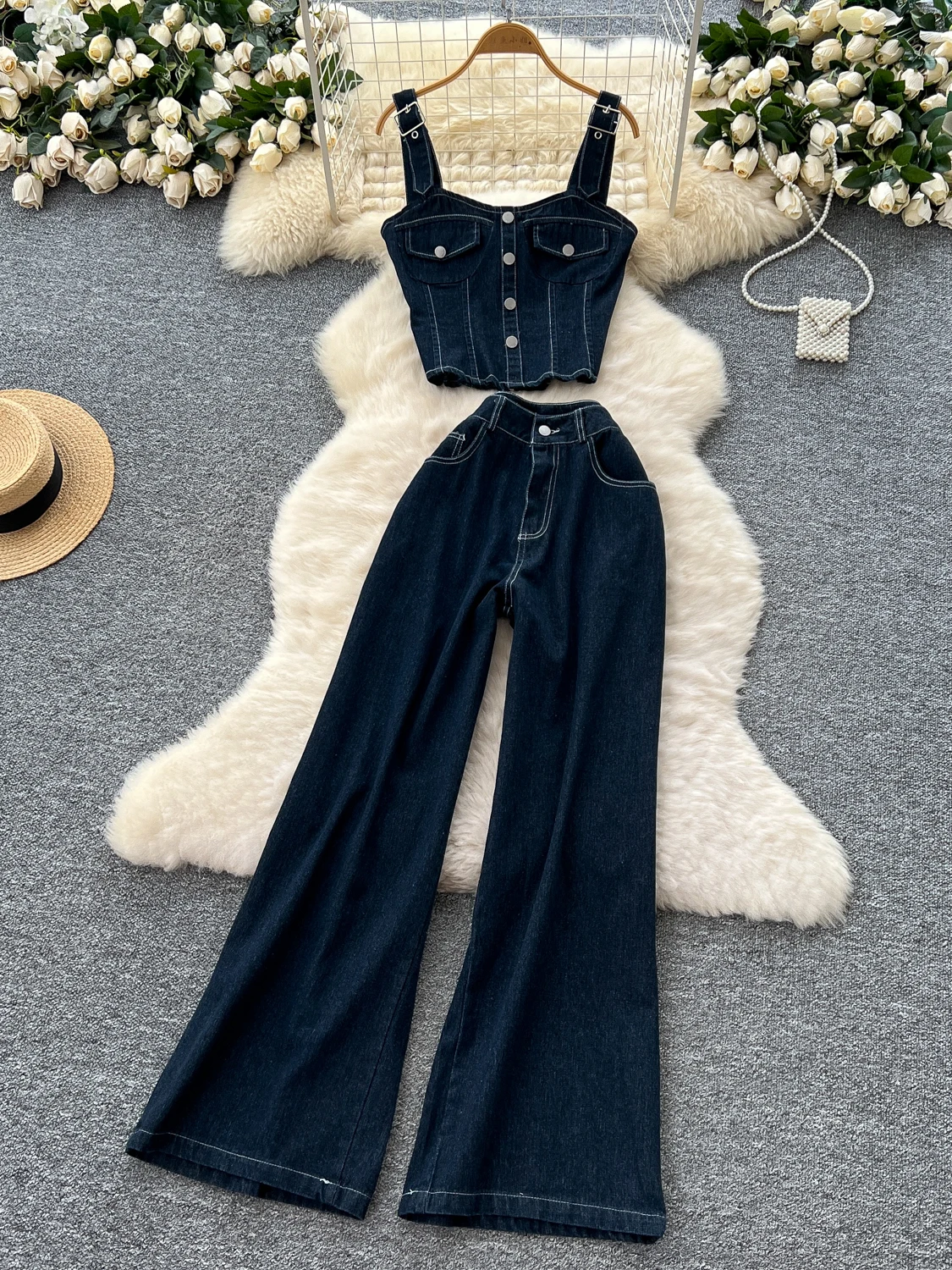 

Hong Kong Sle Summer Faion Vest Metal Bule Strap Denim Outerwear Knitted awl Wide Leg Pants Women's Ensemble