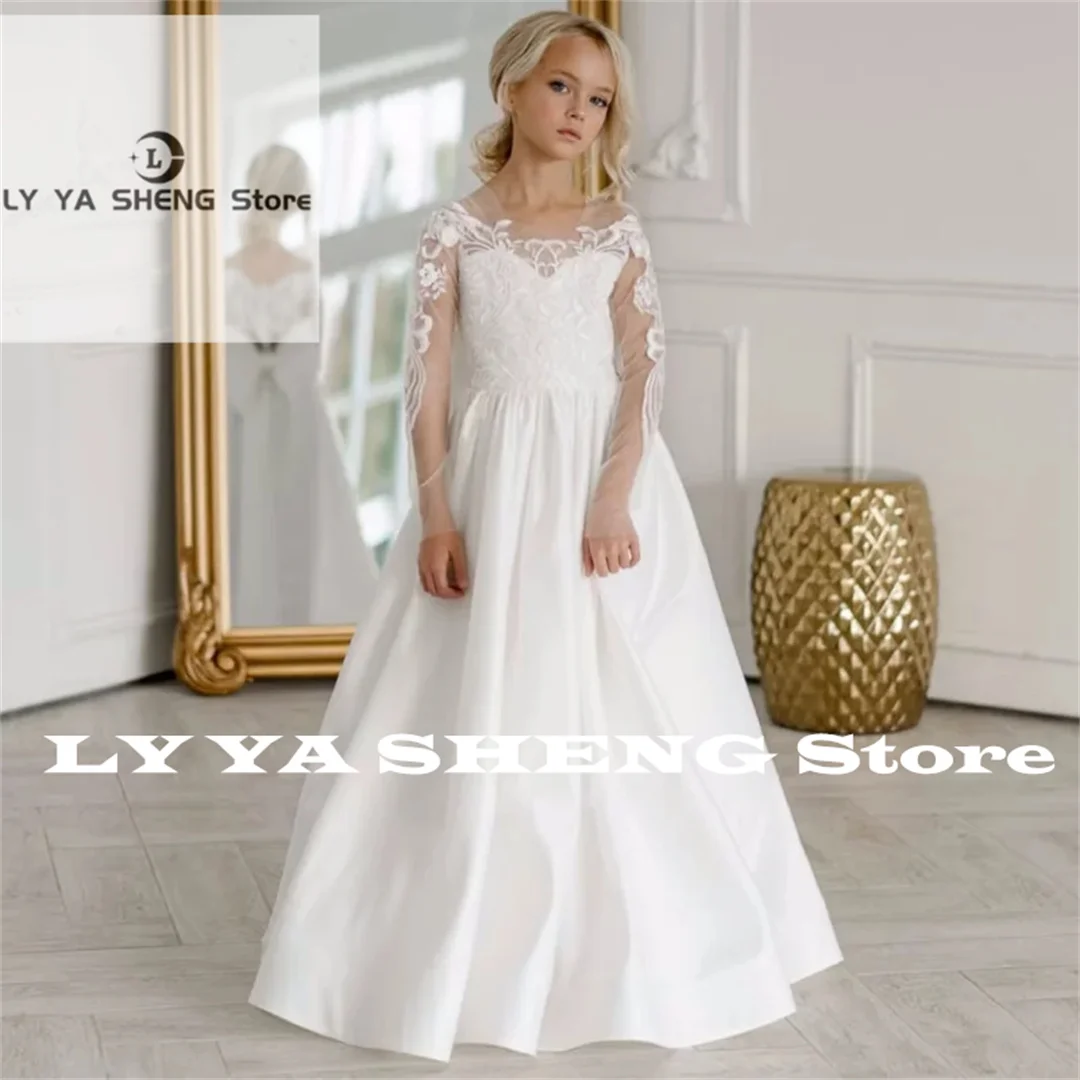 

White Flower Girl Dresses Satin White Pattern Appliques With Bow Long Sleeve For Wedding Birthday Party First Communion Gowns
