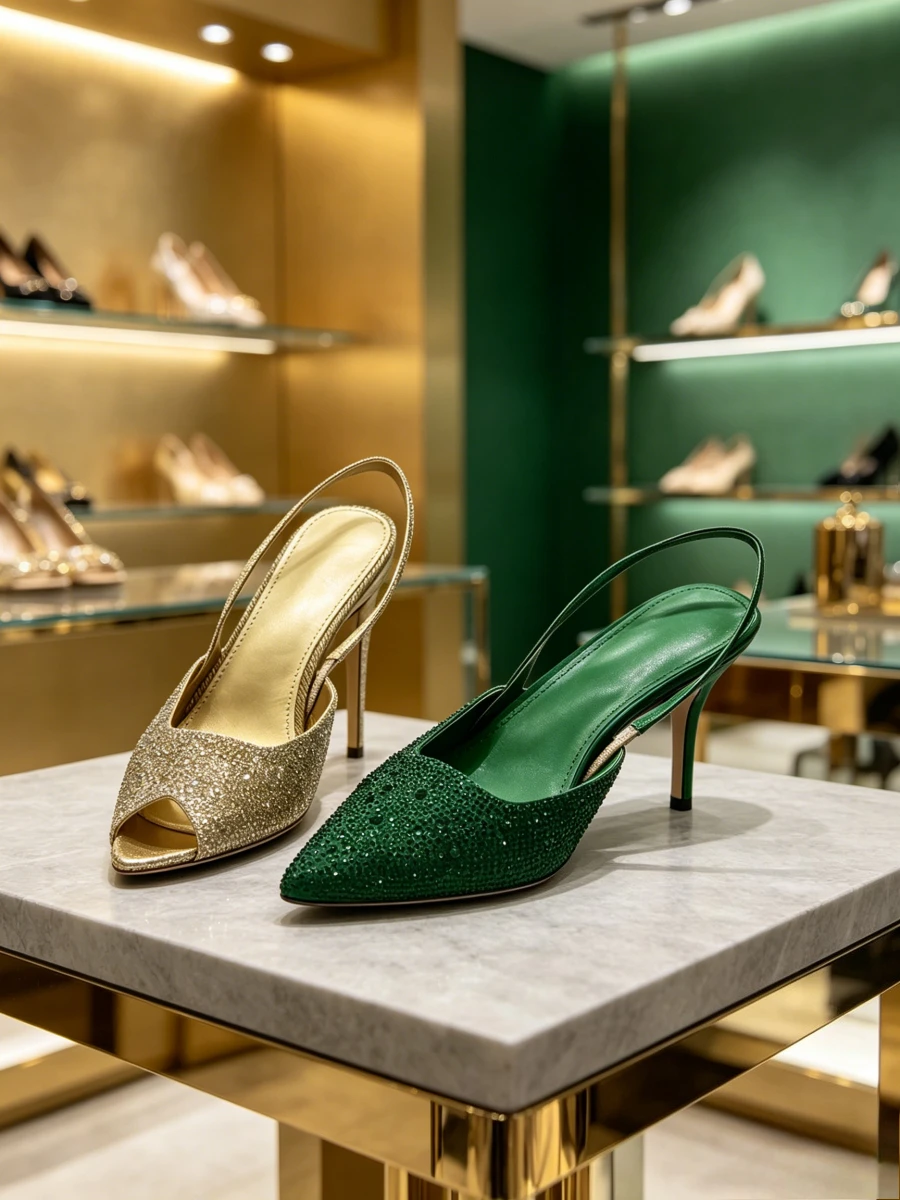 Champagne Gold Dark Green Two Tone All Over Rhinestone Thin Strap Slingback Kitten Heels, Luxury Runway Formal High Heels Aged