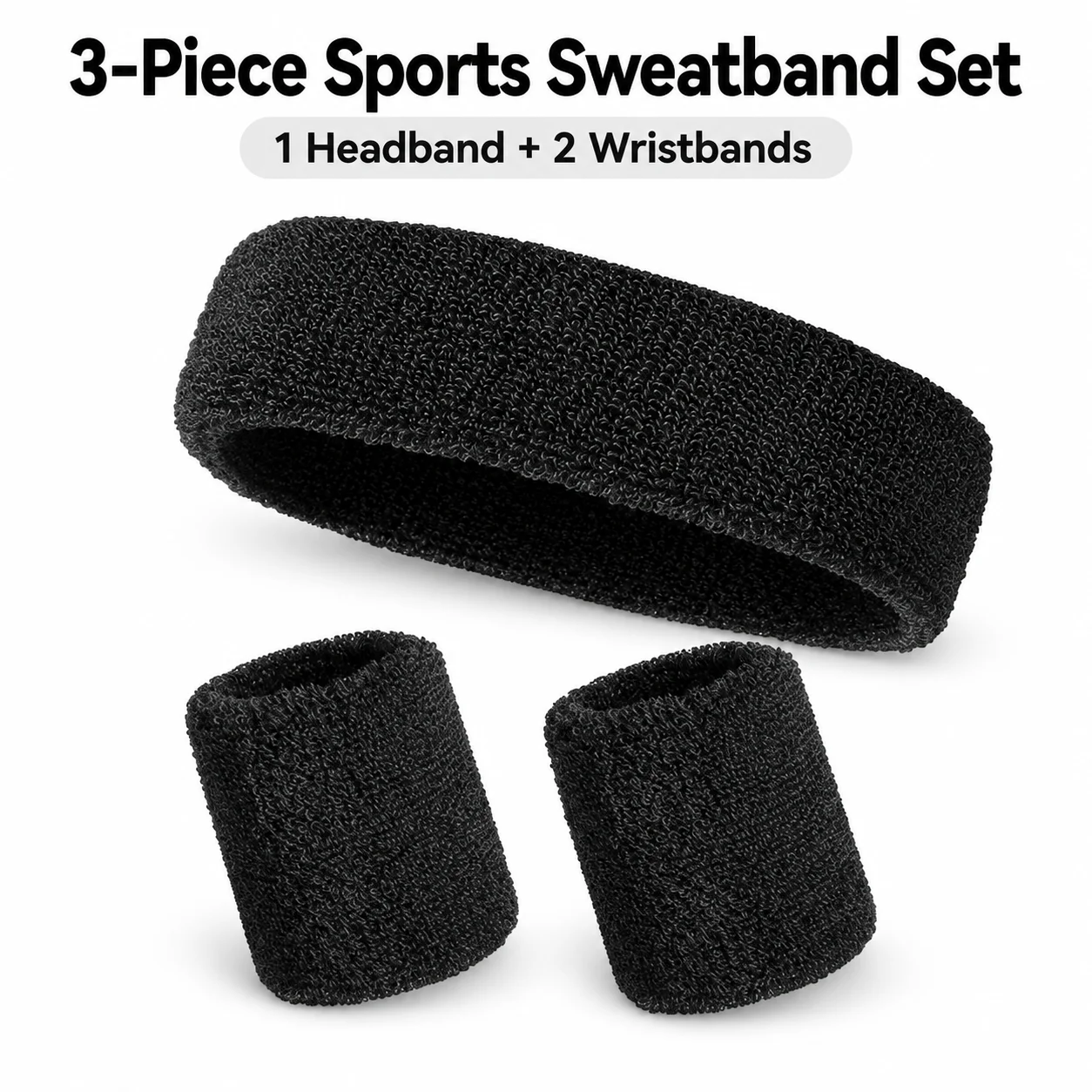 3-Piece Sports Sweatband Set with 1 Headband & 2 Wristbands, Soft Cotton Sweat Absorbing Stretchy Bands for Running Gym Fitness.